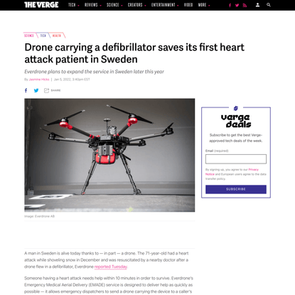 Drone carrying a defibrillator saves its first heart attack patient in Sweden