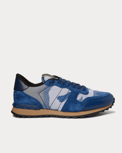 VALENTINO  Rockrunner Camouflage-Print Mesh, Leather And Suede Blue Low Top Sneakers
