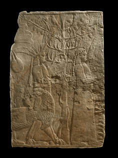 Relief depicting a harpist and lyre player with tame lion beneath palms and pine trees. 645–640 BC. North Palace, Nineveh, Iraq.