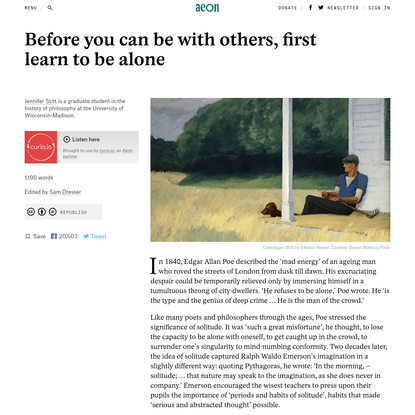 Before you can be with others, first learn to be alone - Jennifer Stitt | Aeon Ideas