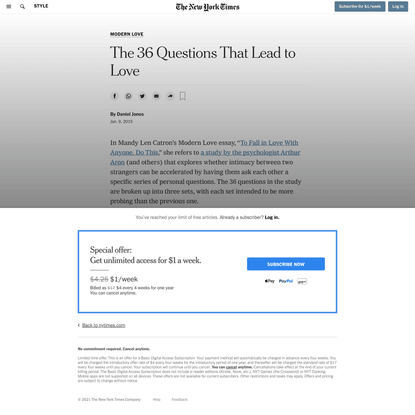 The 36 Questions That Lead to Love (Published 2015)
