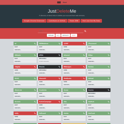 Just Delete Me | A directory of direct links to delete your account from web services.