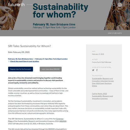 SRI Talks: Sustainability for Whom? | Future Earth