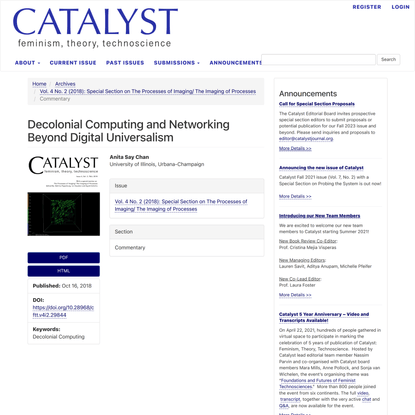 Decolonial Computing and Networking Beyond Digital Universalism | Catalyst: Feminism, Theory, Technoscience