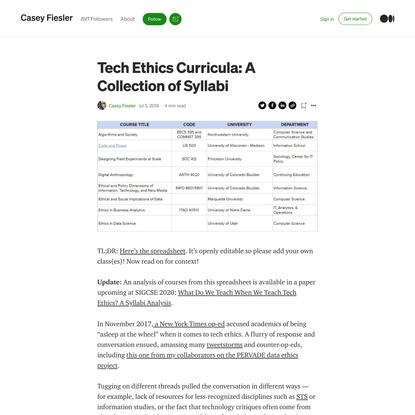 Tech Ethics Curricula: A Collection of Syllabi