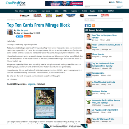 Top Ten Cards From Mirage Block | Article by Abe Sargent