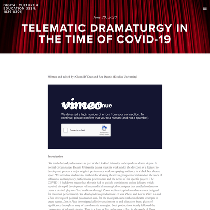 Telematic Dramaturgy in the Time of Covid-19 — Digital Culture &amp; Education (ISSN: 1836-8301)