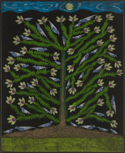 Scottie Wilson (Scottish ,1891 - 1972)  Blue Birds in the Tree, ca. 1960  Ink and crayon on black paper