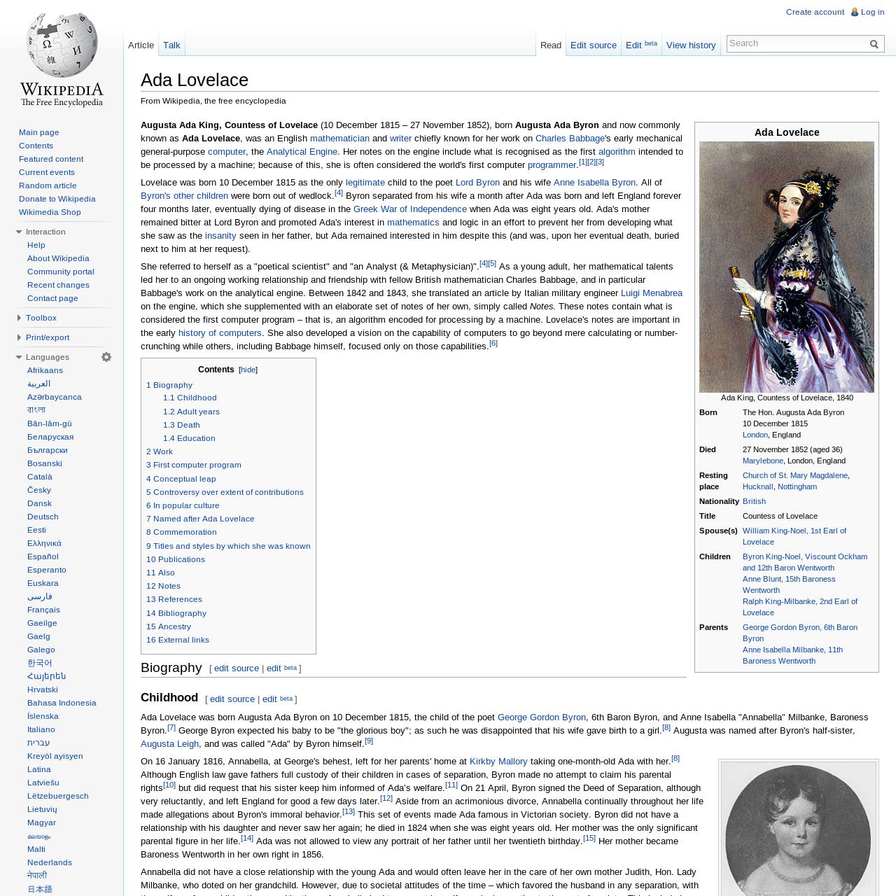 Ada Lovelace - Wikipedia, the free encyclopedia