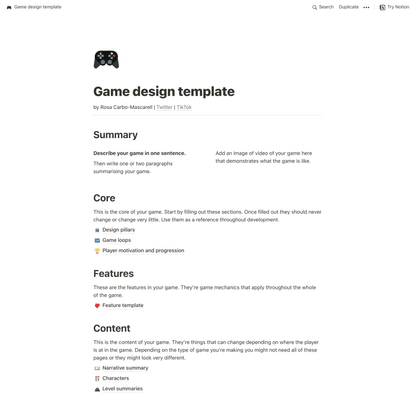 Game Design Template - Notion