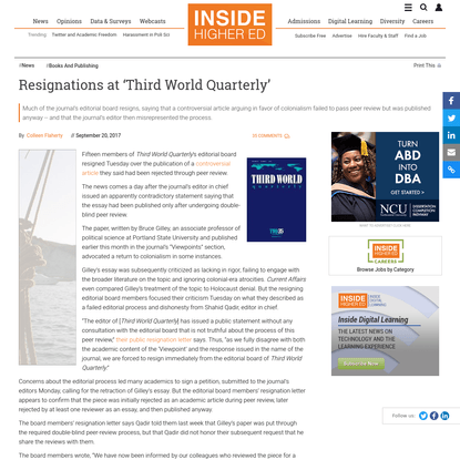 Much of Third World Quarterly's editorial board resigns, saying that controversial article failed to pass peer review