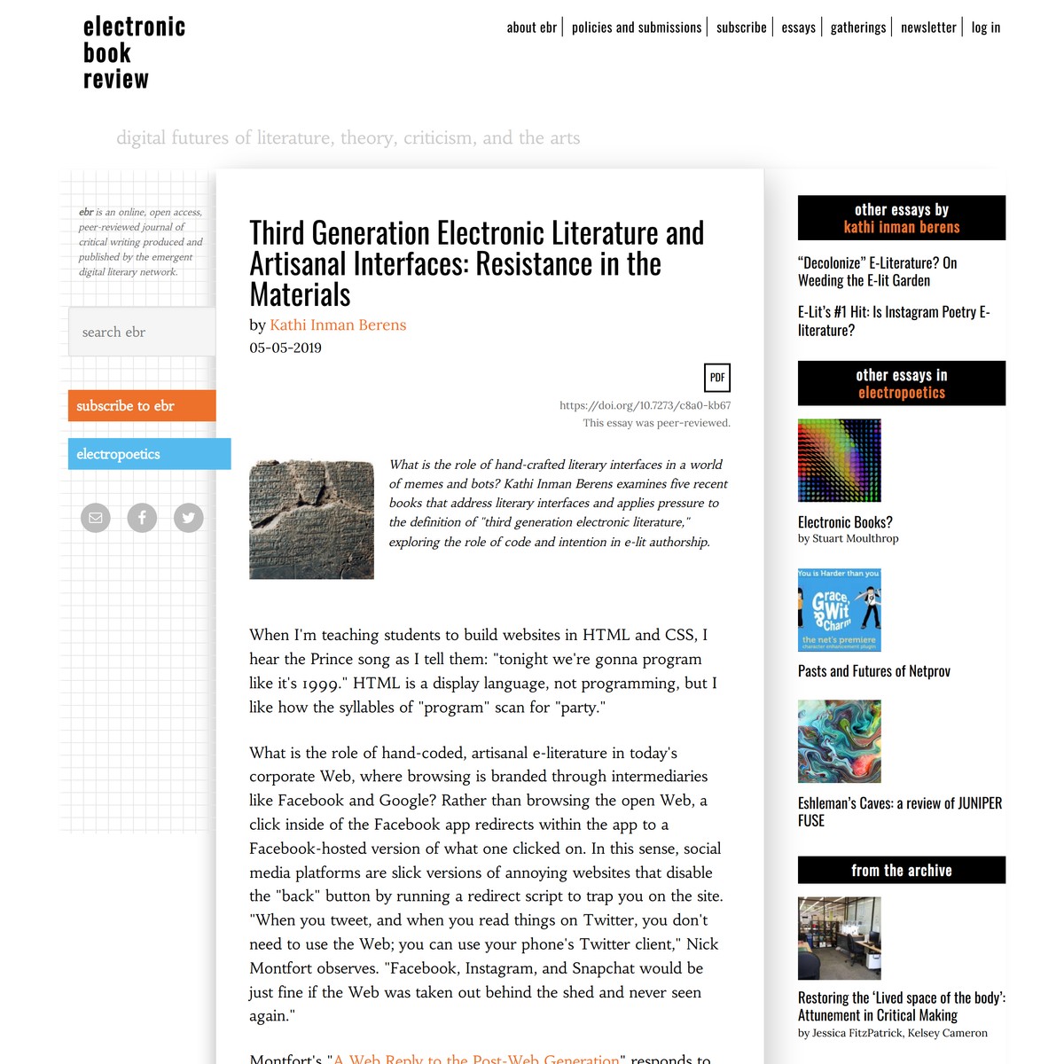 Third Generation Electronic Literature and Artisanal Interfaces