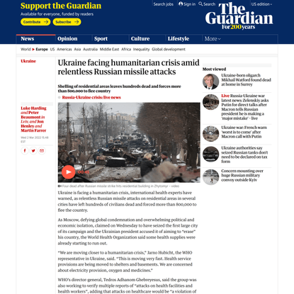 Ukraine facing humanitarian crisis amid relentless Russian missile attacks | Ukraine | The Guardian