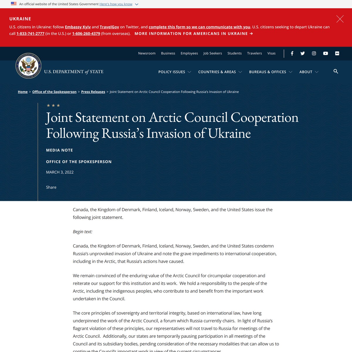 Joint Statement On Arctic Council Cooperation Following Russia’s ...