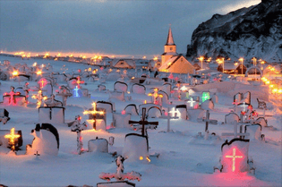 illuminated gravestones in Hafnarfjörður, Iceland