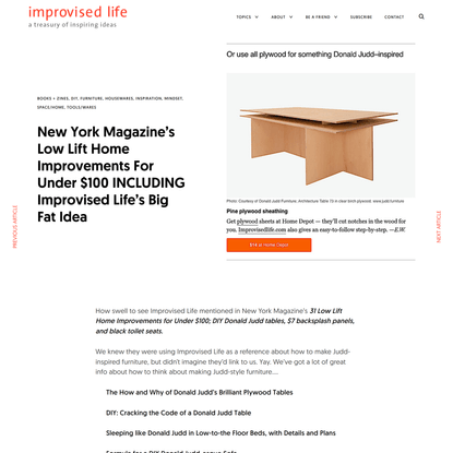 New York Magazine’s Low Lift Home Improvements for Under $100 INCLUDING Improvised Life’s Big Fat Idea