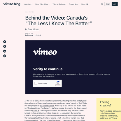 Behind the Video: Canada’s “The Less I Know The Better” - Vimeo Blog