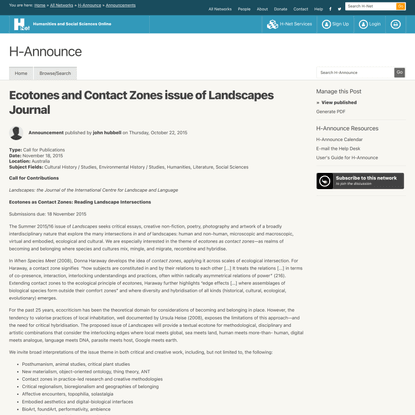 Ecotones and Contact Zones issue of Landscapes Journal | H-Announce | H-Net