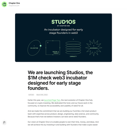 We are launching Studios, the $1M check web3 incubator designed …