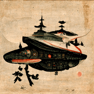 traditional Japanese painting of a space ship