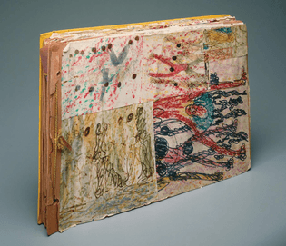 purvis young, sketch book, 1978, mixed media in scrapbook tied with yellow cord