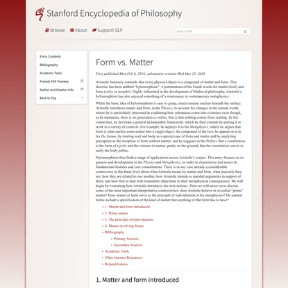 Form vs. Matter (Stanford Encyclopedia of Philosophy)