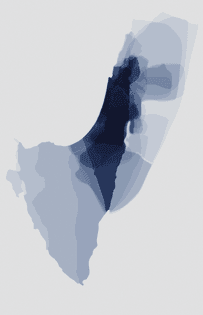 A data visualization of Israel-Palestine’s border fluctuations over time. Blue swatches demarcating territories overlap, so that the areas with the most overlap are the darkest blue. The overall effect looks almost like tie-dye, making an image conveying information about separation and violence unexpectedly and incongruously beautiful. 