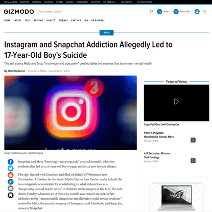 Instagram, Snapchat Addiction Led to 17-Year-Old’s Suicide: Lawsuit