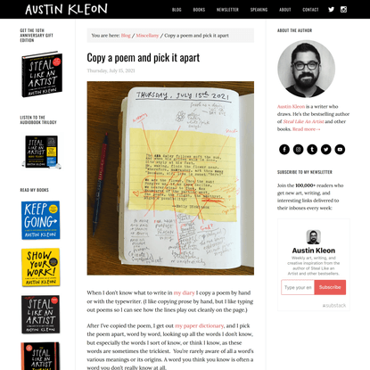 Copy a poem and pick it apart - Austin Kleon