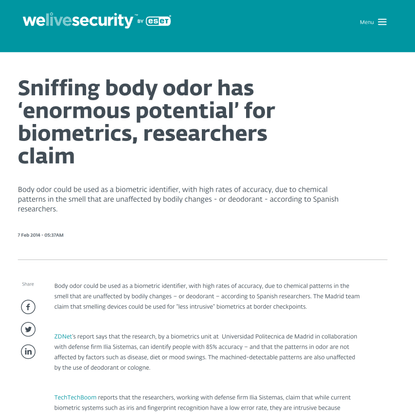 Sniffing body odor has ‘enormous potential’ for biometrics, researchers claim | WeLiveSecurity