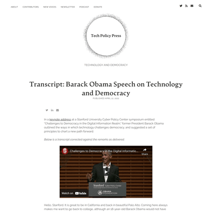 Transcript: Barack Obama Speech on Technology and Democracy