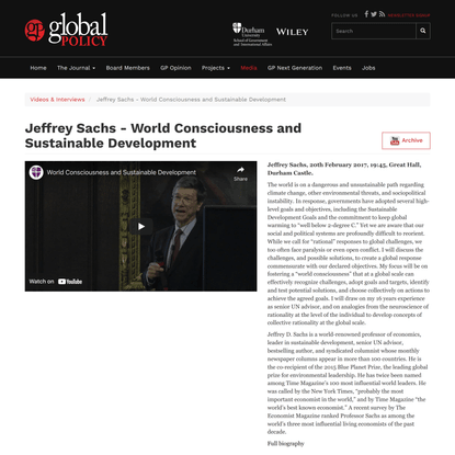 Jeffrey Sachs - World Consciousness and Sustainable Development | Global Policy Journal