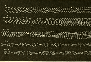 Sound intervals recorded by vibrating tuning forks at different frequencies. Sound and music. 1892.