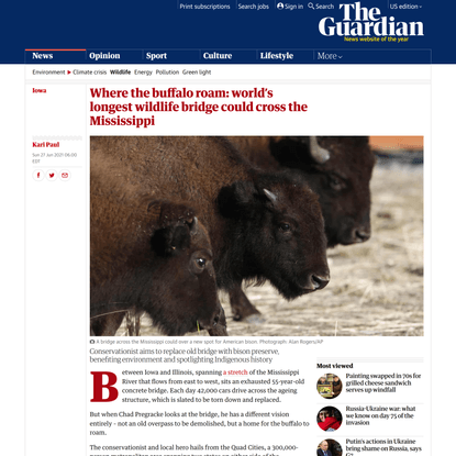 Where the buffalo roam: world’s longest wildlife bridge could cross the Mississippi | Iowa | The Guardian