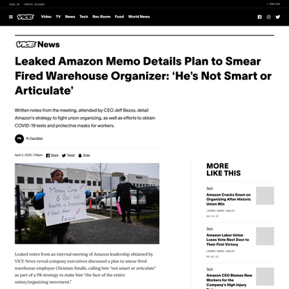 Leaked Amazon Memo Details Plan to Smear Fired Warehouse Organizer: ‘He’s Not Smart or Articulate’