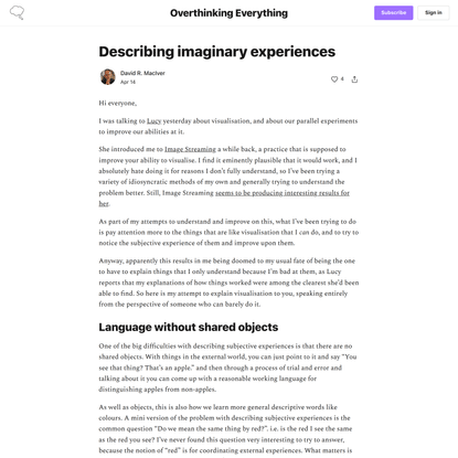 Describing imaginary experiences