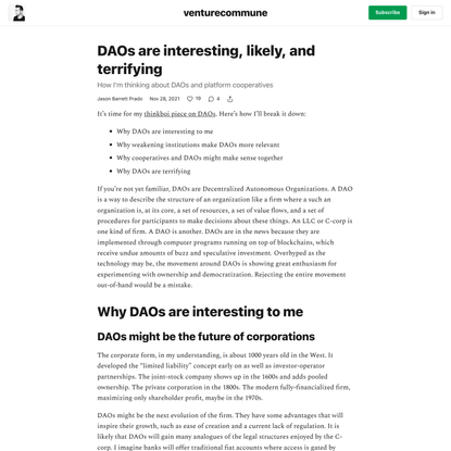 DAOs are interesting, likely, and terrifying
