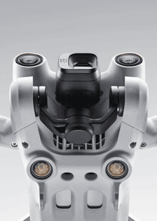 A render of a DJI Mini 3 Pro drone camera system shown from the heavily tilted to the bottom perspective