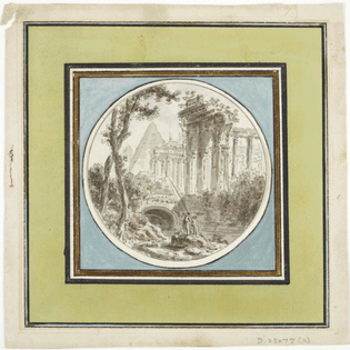 Pen and ink drawing of roman ruins with some fishermen in the foreground. The drawing is inscribed in a circle, which is in turn inscribed in various squares.