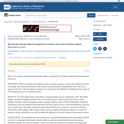 Bactericidal and anti-adhesive properties of culinary and medicinal plants against Helicobacter pylori
