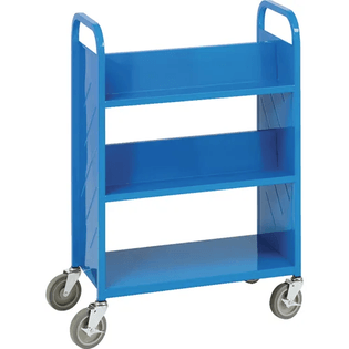 Three-shelf booktruck on wheels.