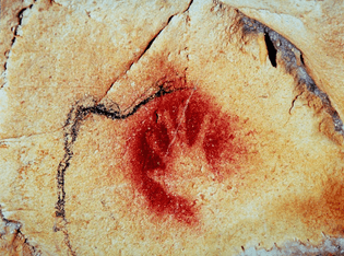 The artist spit red pigment around his hand to create this handprint in Chauvet Cave.