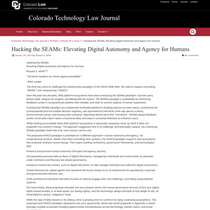 Hacking the SEAMs: Elevating Digital Autonomy and Agency for Humans – Colorado Technology Law Journal
