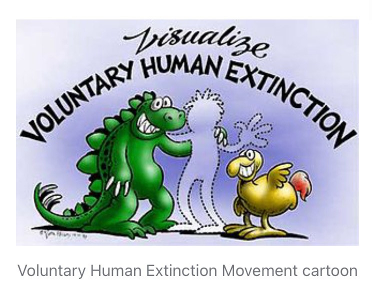 two smiling cartoon creatures and a dotted-line silhouette of a human under text that reads visualize voluntary human extinction and an image caption that reads voluntary human extinction movement cartoon