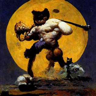 “Frank Frazetta painting of muscular Garfield holding a battleaxe in in front of a full moon”