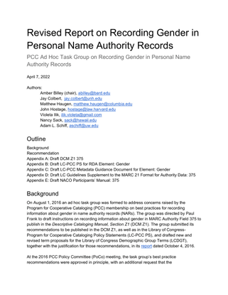 Revised Report on Recording Gender in Personal Name Authority Records