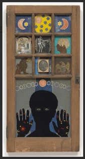 Betye Saar, Black Girl's Window, 1969, Wooden window frame with paint, cut-and-pasted printed and painted papers, daguerreotype, lenticular print, and plastic figurine.