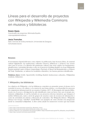 Líneas para el desarrollo de proyectos  con Wikipedia y Wikimedia Commons  en museos y bibliotecas (Ojeda y Tramullas)