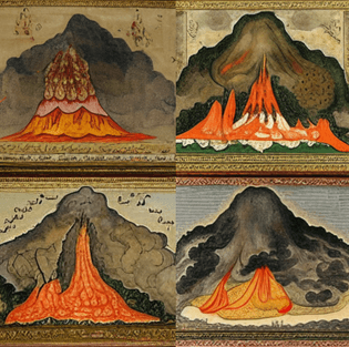 Mughal painting of an erupting volcano
