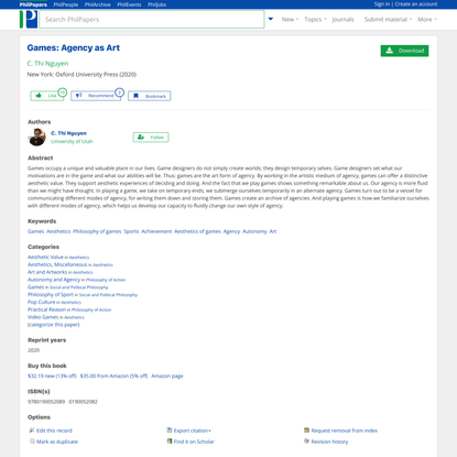 C. Thi Nguyen, Games: Agency as Art - PhilPapers